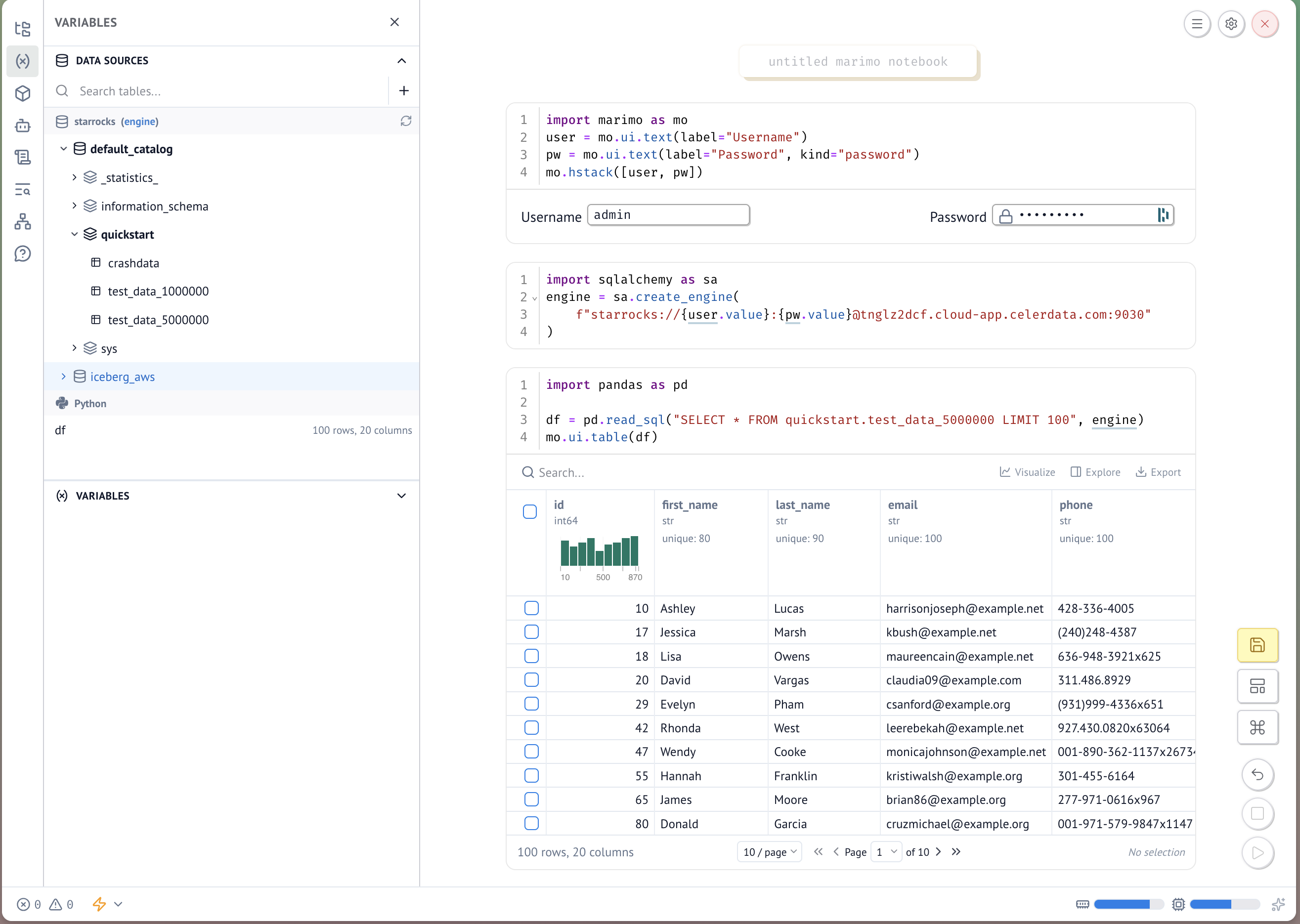 Marimo notebook connected to StarRocks